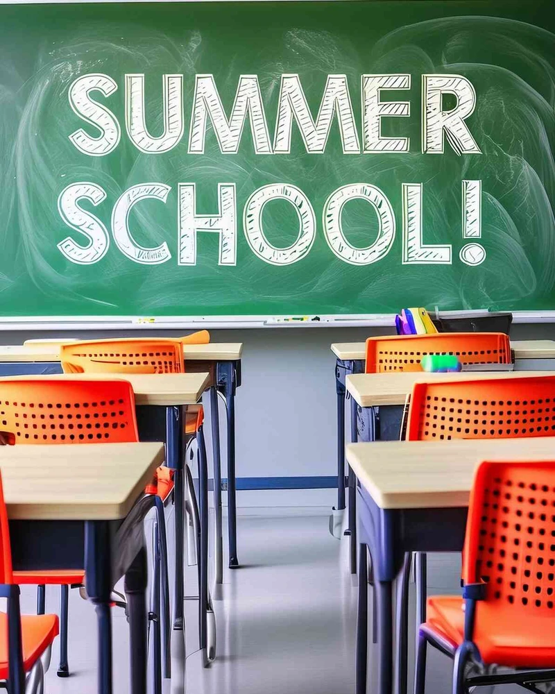 Klassenzimmer mit Tischen und St&uuml;hlen, an der Tafel steht SUMMER SCHOOL