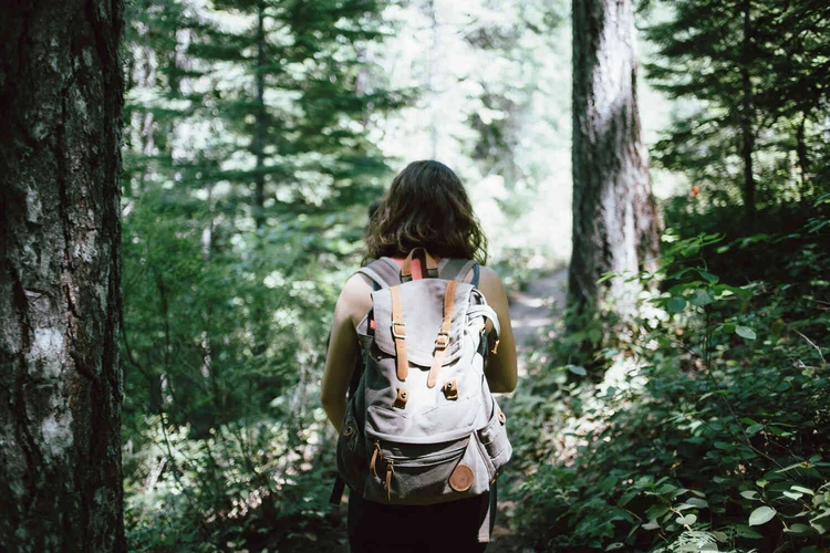 Person mit Rucksack geht durch einen Wald