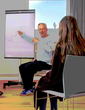 Mann erkl&auml;rt an einem Flipchart in einer Gespr&auml;chsrunde