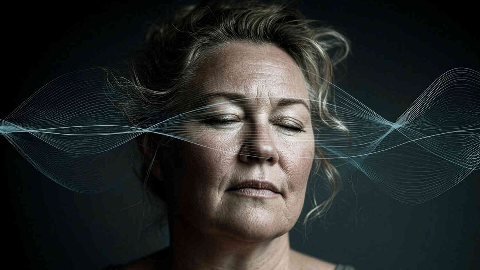 Portr&auml;t einer Frau mit geschlossenen Augen und wellenf&ouml;rmigen Linien vor dem Gesicht