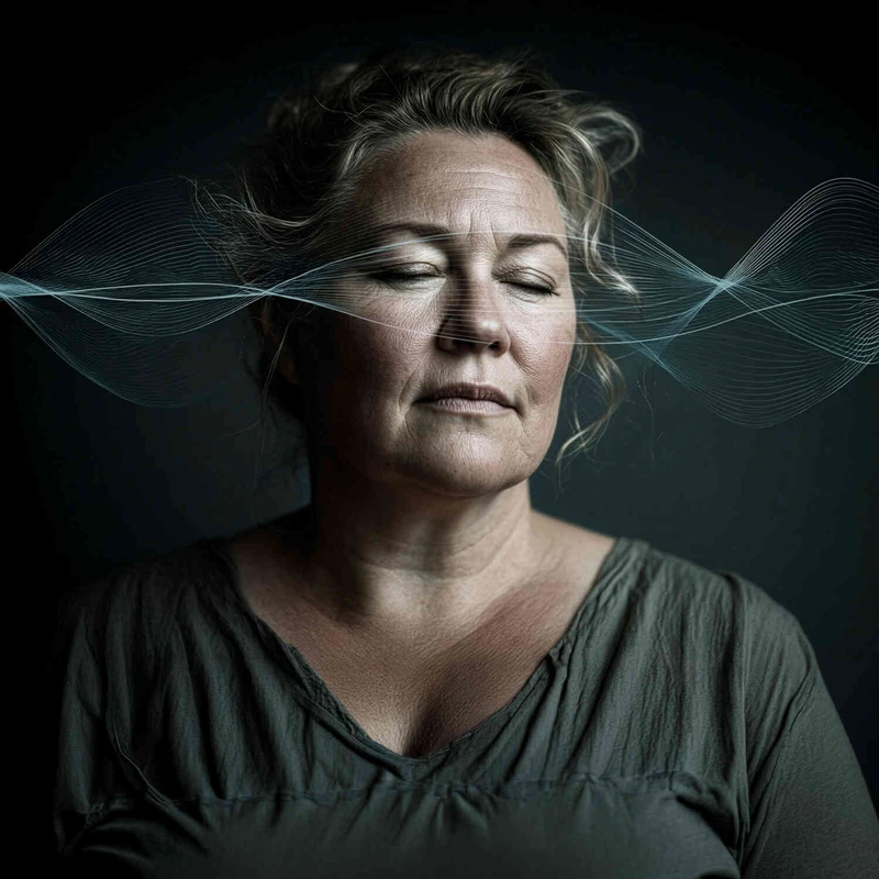 Portr&auml;t einer Frau mit geschlossenen Augen und wellenf&ouml;rmigen Linien vor dem Gesicht